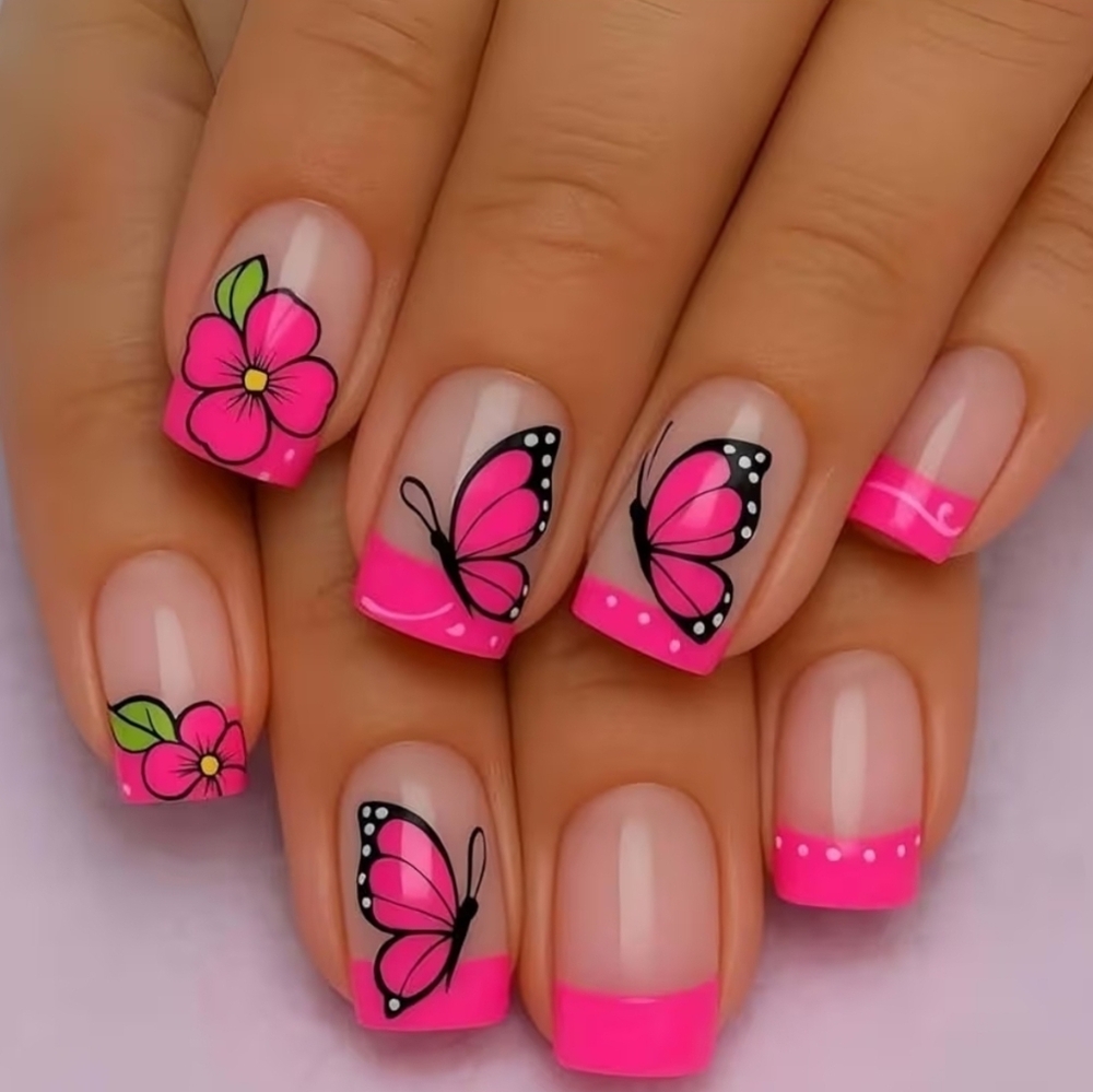24 Pcs Press On Nails Hot Pink Butterfly Floral Medium Square Shaped